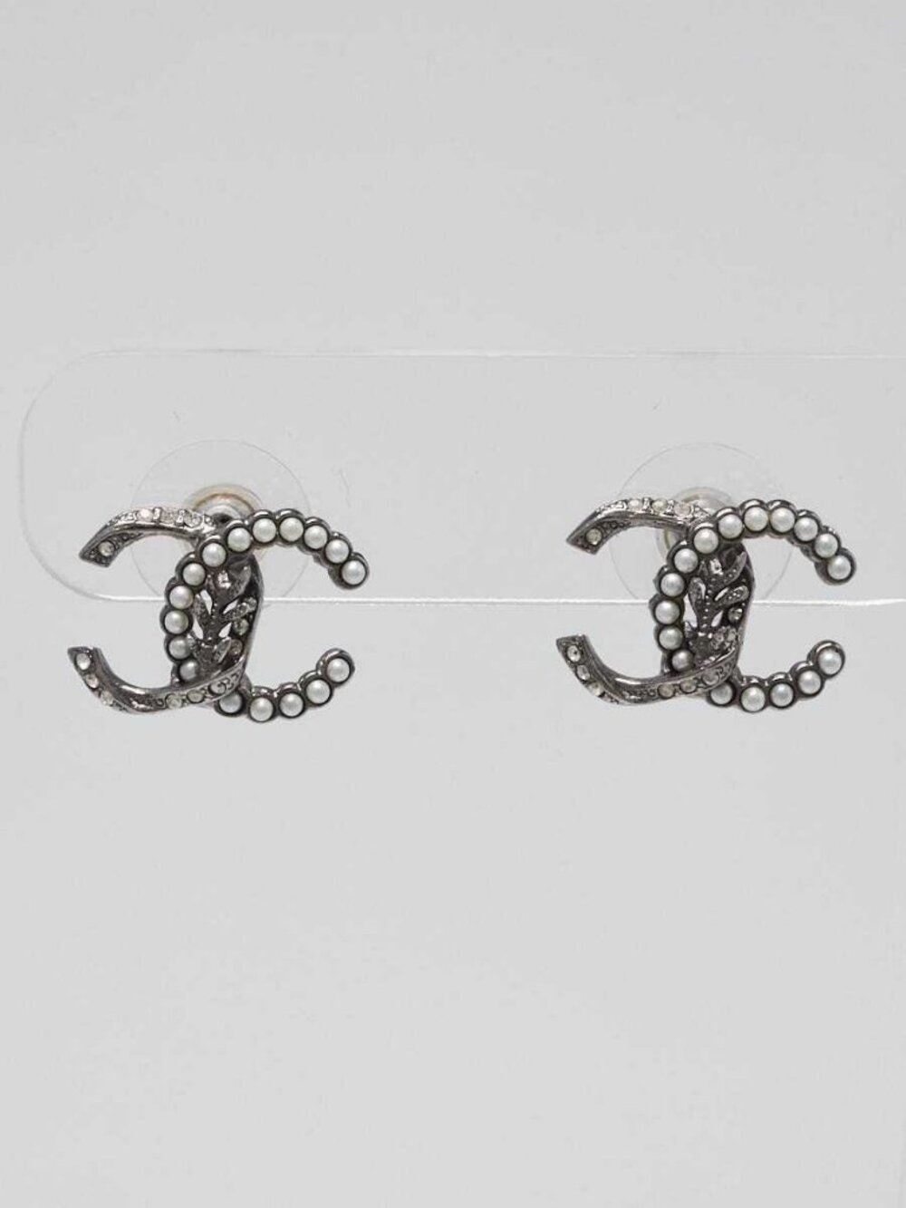 Chanel Silver Metal Crystal and Faux Pearl CC Stud Earrings